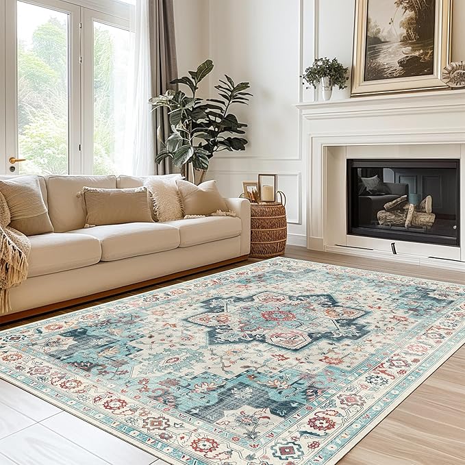 GENIMO 8x10 Area Rugs for Living Room, Machine Washable Non Slip Rugs, Low Pile Lightweight Vintage Print Rug for Bedroom, Dining Room, Home Office, Turquoise & White