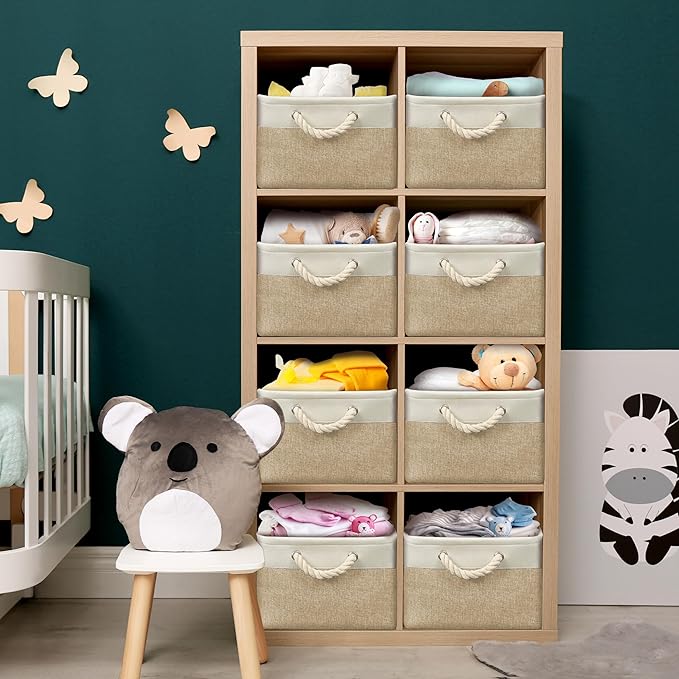 Simple Houseware 15.7" x 12" Wide & Low Fabric Storage Bin for Shallow Gaps and Closet, Braided Handles, 3 Pack, Beige