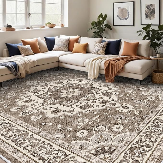 TOPRUUG Washable 12x18 Area Rug - Extra Large Rugs for Living Room Soft Low Pile Carpet for Bedroom Non-Slip Stain Resistant Vintage Indoor Floor Carpets (Beige, 12x18)