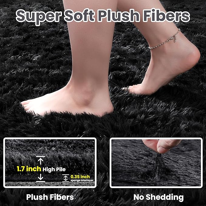 5x8 Area Rugs for Living Room: Soft Fluffy Shag Black Rugs for Bedroom, Non Slip Large Fuzzy Plush Rug Indoor Floor Carpet for Nursery Kids Boys Girls Room, Dorms, Playroom, Modern Home Decor