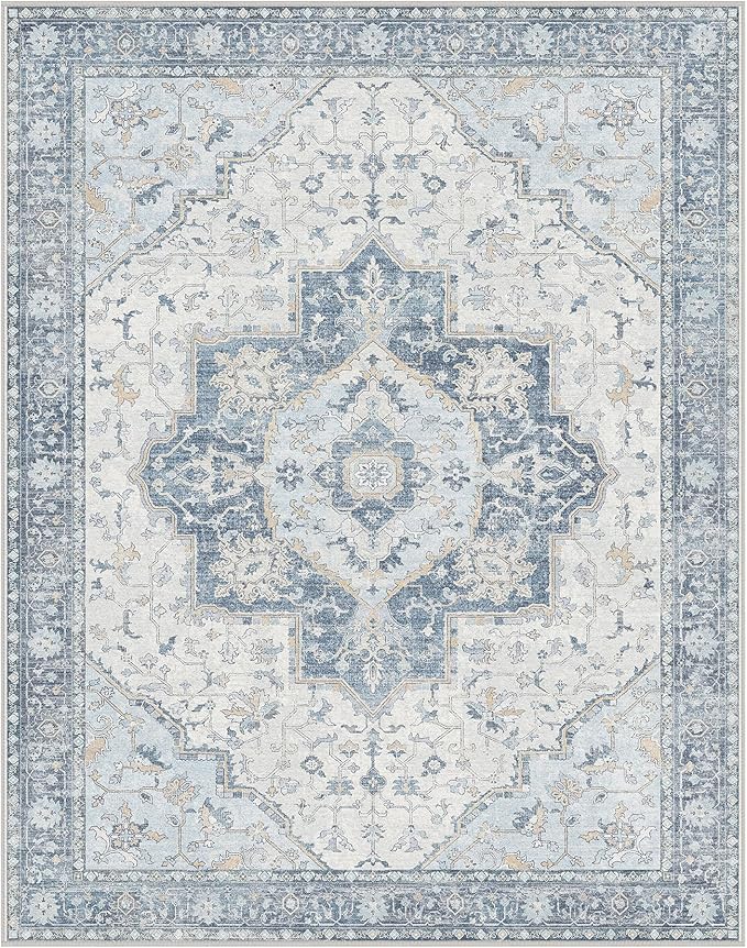 GENIMO 5x7 Area Rugs for Living Room, Machine Washable Non Slip Vintage Rugs, Low Pile Lightweight Chenille Print Rug for Bedroom, Dining Room, Home Office, Light Blue