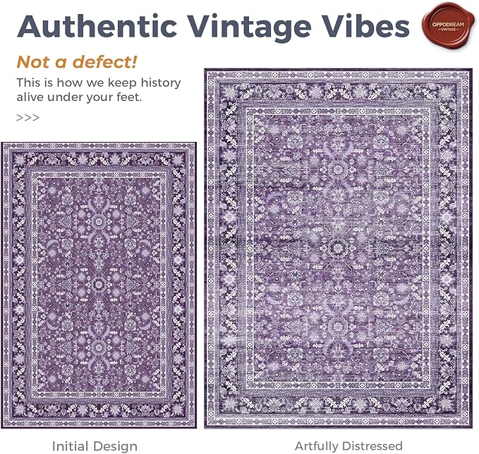 OPPODREAM Vintage Purple 2x12 Runner Rug, 2 x 12 Retro Washable Rug Non Slip, Low-Pile Faux Wool Carpet, Distressed Floor Mat for Kitchen, Hallway, Entry-Way, Entrance, Indoor Back Door