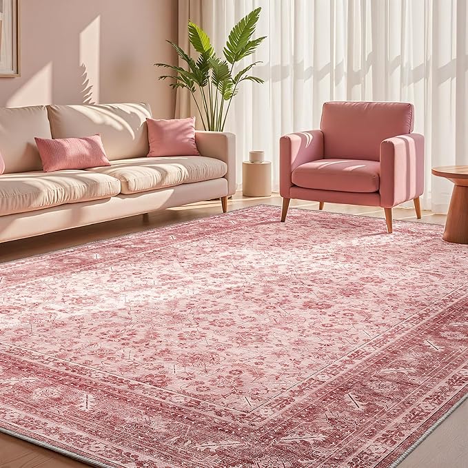 OPPODREAM Vintage Pink Area Rugs 10x14, 10 x 14 Retro Washable Rug Non Slip, Low-Pile Faux Wool Carpet, Distressed Floor Mat for Living Room, Bedroom, Office, Dorm, Dinning Room, Big & Large