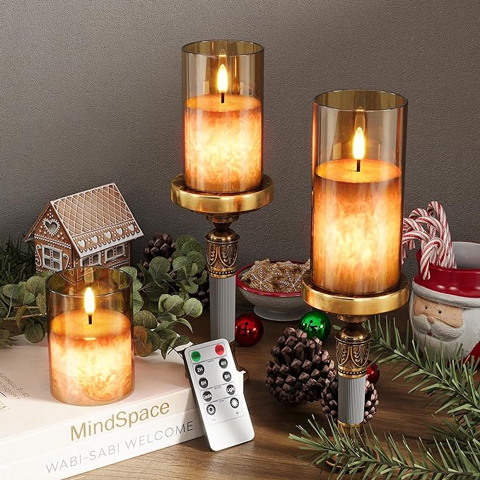 VIODAIM Ice Crystal Real Wax Glass Flameless Candles with Remote & Timer, Battery Operated Candles with Warm Flickering Flame, Realistic LED Candle for Wedding Home Decor [D3×H4/5"/6"] Gold, 3Pack