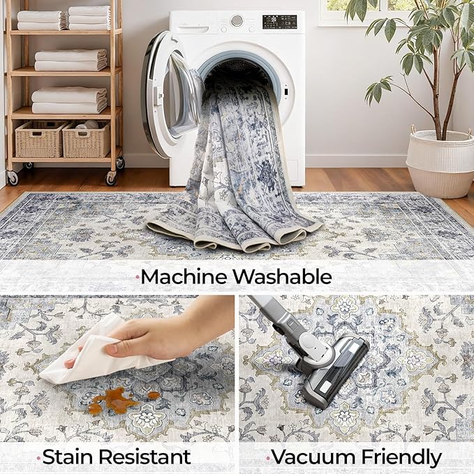 CAPALOCA Machine Washable Rugs Nursery Rug 2x3 Cute Girl Non Slip Low Pile Water Repellent Soft Print Pattern for Bedroom Indoor Decor Kids Playroom Blue White