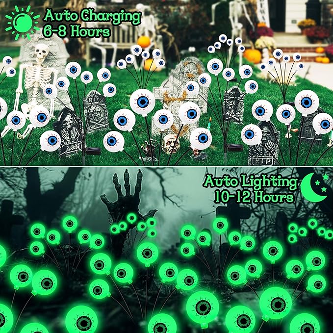 Halloween Decorations Outdoor, 6 Pack 36 LED Solar Scary Eyeball Swaying Lights, Green Solar Firefly Light Waterproof Outdoor Garden Lights for Halloween Yard Garden Lawn Party Flower Bed