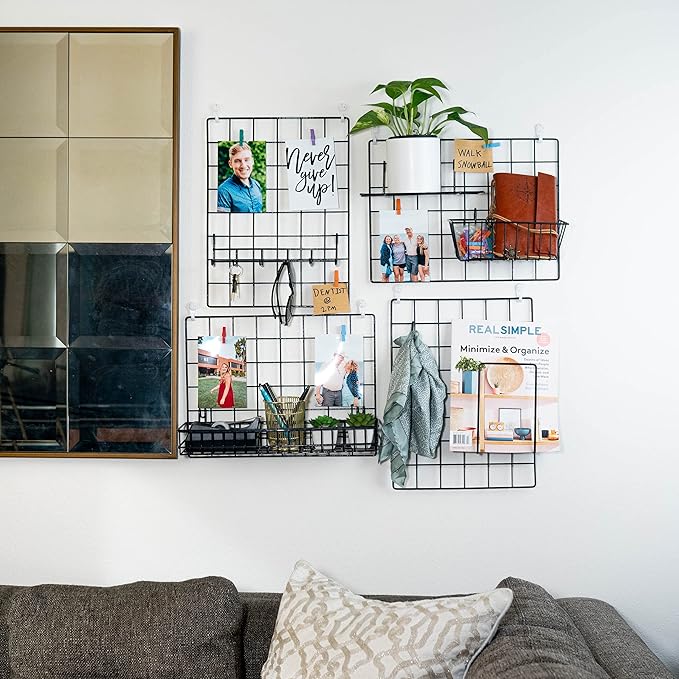 4 Pack Wire Wall Grid Panel With Accessories | Includes Hanging Baskets, Letter Sorter, Shelf & Hook Rack | Grid Wall Panels | Photo Grid | Hanging Home, Office & Kitchen Décor