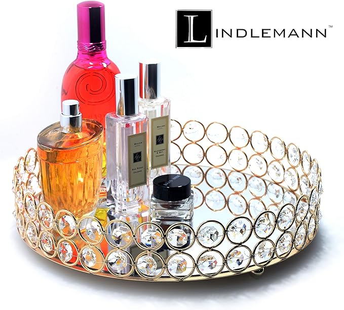 Crystal Decorative Tray Metal Mirrored Perfume Cosmetic Organizer Jewelry Trinket Display Storage Vanity Trays Home Décor Accents Luxury Gift (Round, 10in, Gold)