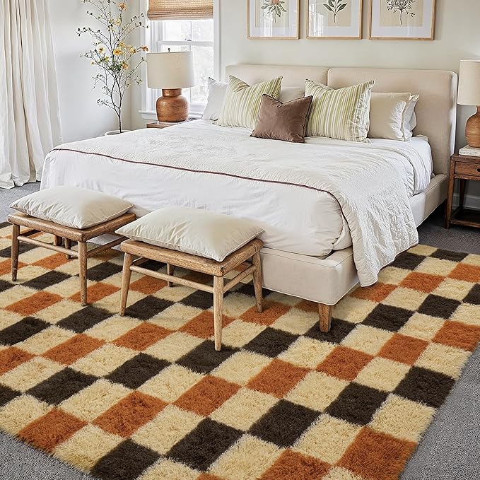 PureCozy Checkered Rug 8x10 for Living Room, Colorful Modern Shag Rug Washable Non-Slip Large Area Rug Super Soft Indoor Fuzzy Carpet Fluffy Rugs for Bedroom Home Aesthetic Decor