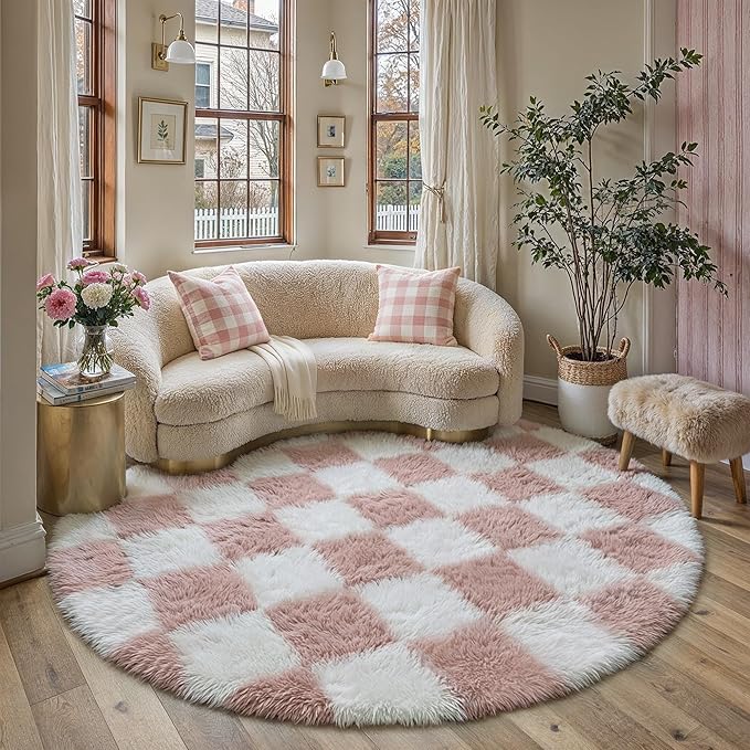 PureCozy Checkered Round Rugs 6ft for Living Room, Pink and White Modern Shag Rugs Super Soft Washable Fluffy Indoor Office Carpet for Bedroom Home Dorm Aesthetic Decor