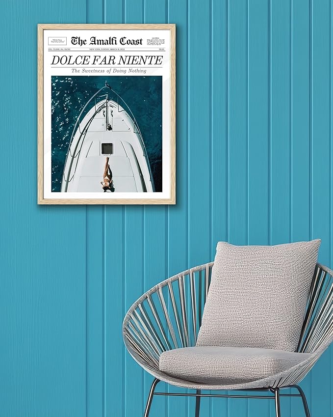 EcoHest Trendy Newspaper Dolce Far Niente Framed Wall Art, Large 16x20 in OAK Wood La Dolce Vita Canvas Art, Magazine Italian Summer Headline Decor, Beige Logs Set of 1 for Bedroom Living Room