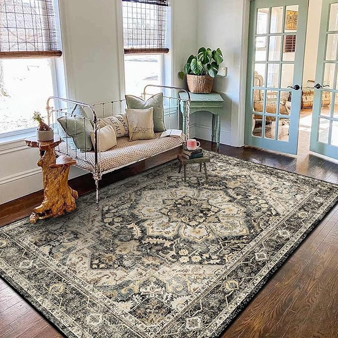 TOPRUUG Washable Oriental Area Rug - 5x8 Rugs for Living Room Soft Carpet for Bedroom Waterproof Floral Distressed Indoor Stain Resistant Non-Shedding Floor Carpets (Black/Grey, 5x8)