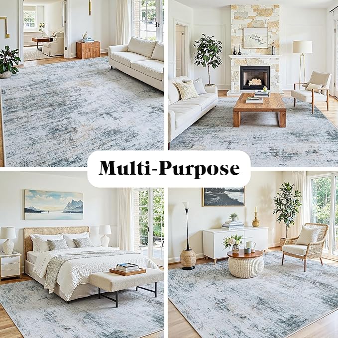 8x10 Area Rugs Washable Rug:Anti-Skid Abstract Modern Living Room Rug Soft Thin Carpets Indoor Floor Non-Shedding Carpet for Bedroom Dining Farmhouse Nursery Home Office(Blue/Grey/Gold/White, 8x10)