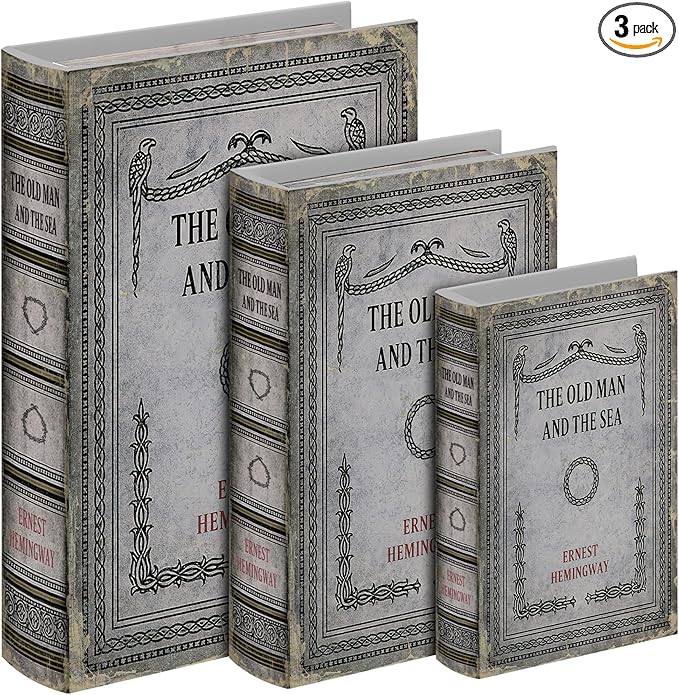 Vintage Faux Leather Decorative Book Box Set of 3 – Wooden Secret Storage Box with Magnetic Closure, Hidden Organizer for Bookshelf, Desk, or Office Decor (The Old Man and The Sea)
