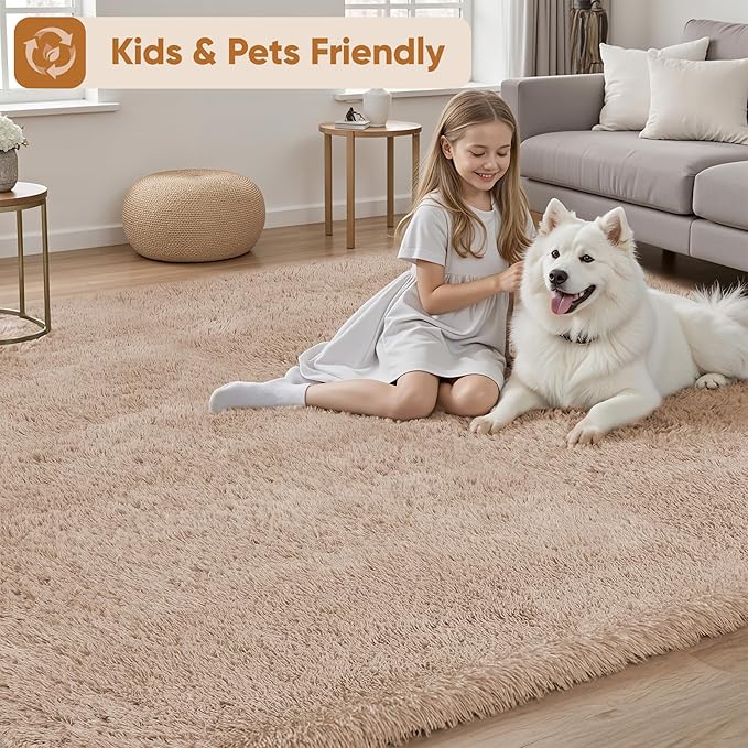 8x10 Area Rugs for Living Room Bedroom: Camel Soft Fluffy Shag Upgrade Non-Slip High Pile Carpet Large Fuzzy Plush Indoor Floor Decor Shaggy Rug for Kid Boys Girls Dorms Playroom Nursery Modern Home