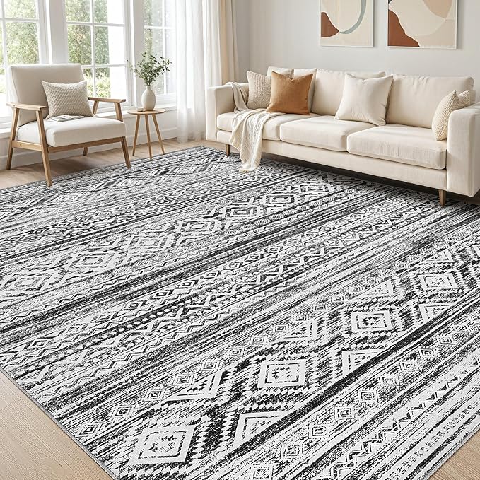 cotiled 10x12 Area Rug Living Room: Washable Boho Rugs with Non Slip Backing Large Soft Indoor Stain Resistant Carpet for Bedroom Farmhouse Dining Room Lightweight Home Decor White/Black