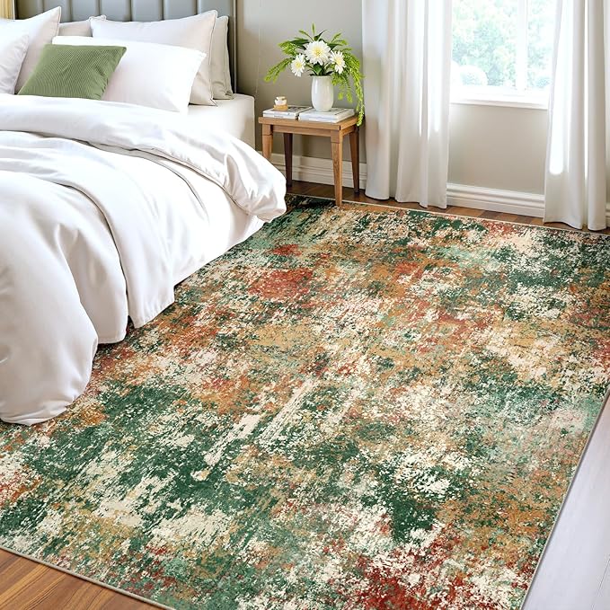 RELEANY Washable Area Rugs 5'x8' Non-Slip Modern Abstract Soft for Living Room Entryway Bedroom Nursery, Print Pattern, Green Orange Rust Red Cream Colorful