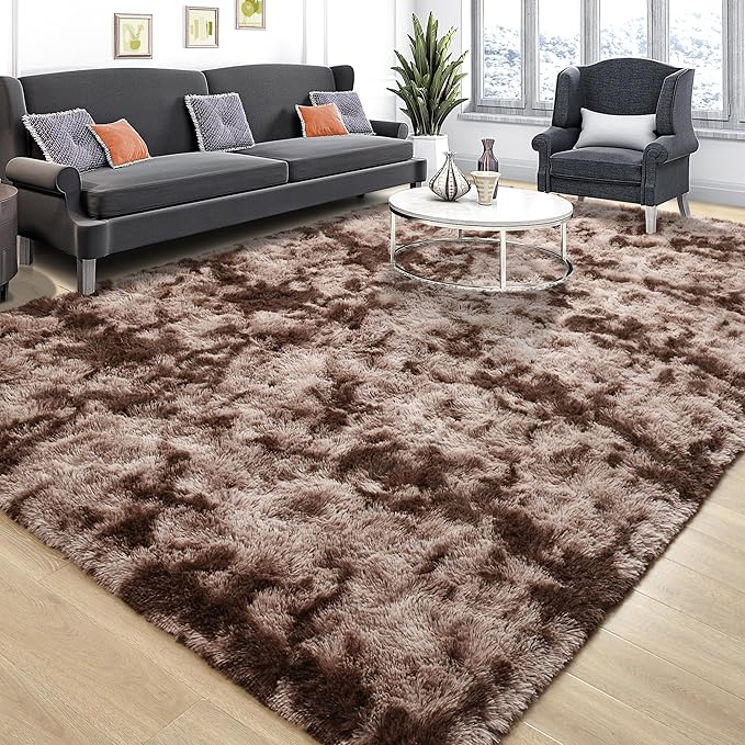 Tepook Fluffy Large Rugs for Living Room, 8x10 Area Rugs for Bedroom, Modern Shag Fuzzy Carpets for Kids Boys Girls, Plush Indoor Nursery Home Decor Rug with Non-Slip Bottom, Tie-Dyed Coffee