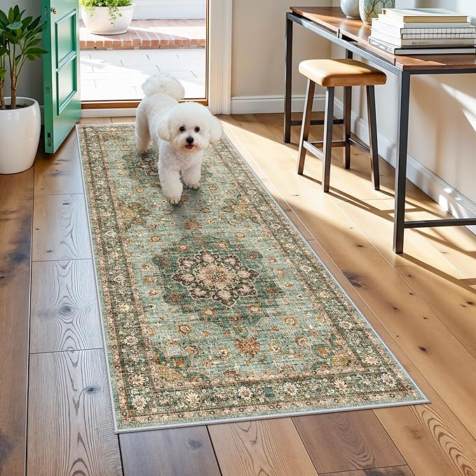 TOPRUUG Washable Entryway 2x5 Rug - Small Throw Runners for Kitchen Bathroom Bedroom Non-Slip Ultra-Thin Indoor Door Mat Indoor Entrance - Stain Resistant Vintage Home Decor (Green, 2X5)