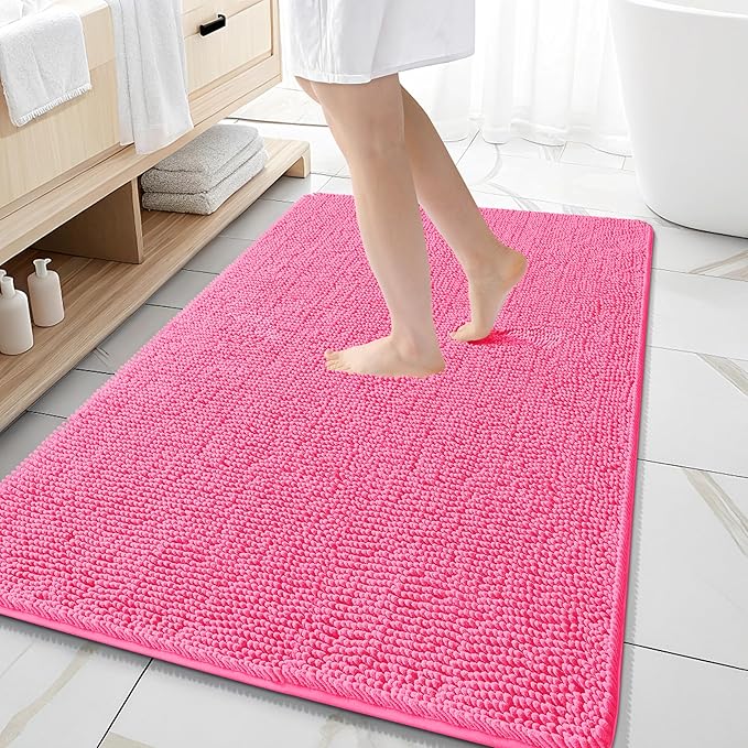 OLANLY Large Bathroom Rugs 59x35, Extra Soft Absorbent Chenille Bath Rugs, Rubber Backing Quick Dry, Machine Washable Bath Mats for Bathroom Floor, Tub and Shower, Home Decor Accessories, Hot Pink