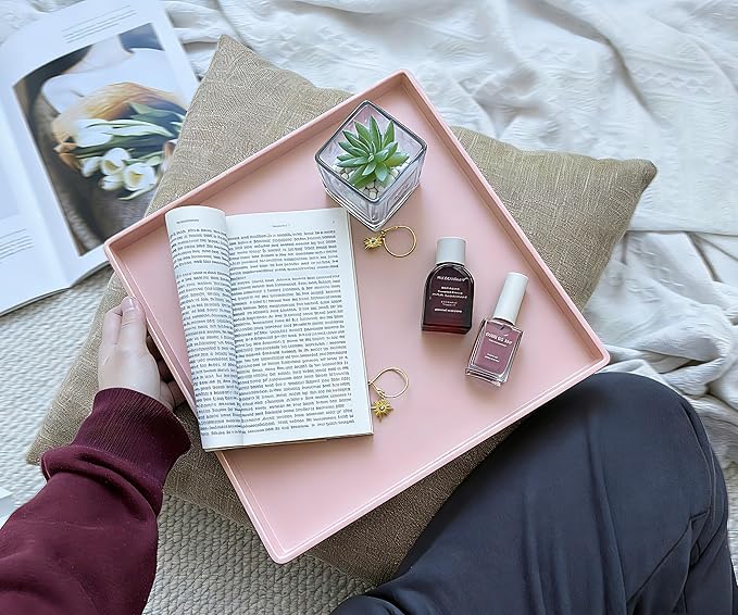 Pink Square Tray - 11 Inch Decorative Organizer Tray for Vanity, Bathroom Countertop, Coffee Table & Ottoman | Multi-Purpose Serving, Makeup, Jewelry, & Catch-All Tray for Home Decor