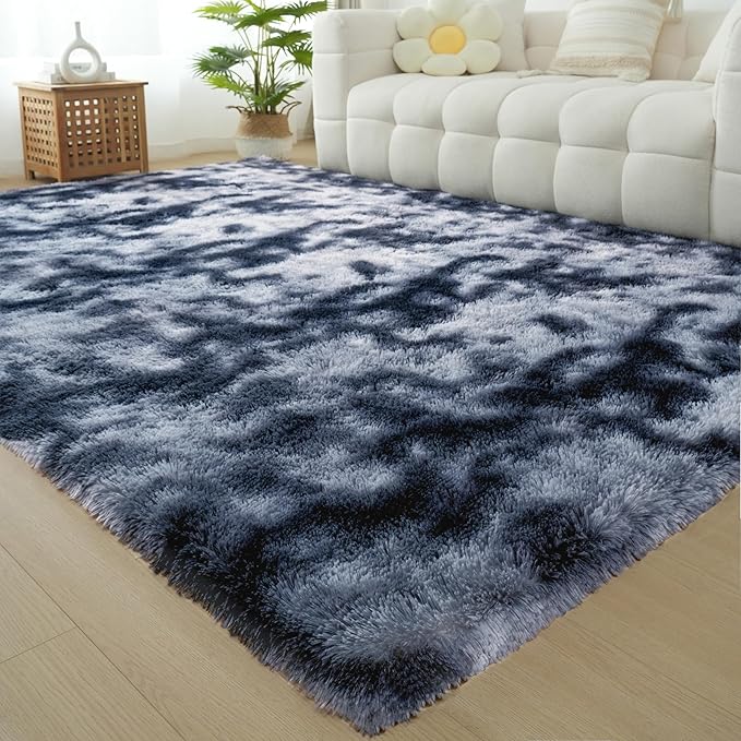 Fluffy Area Rug Living Room: Grey Shag Rug 6x9 Plush Rugs for Living Room - Large Fuzzy Soft Carpet (Tie-Dyed Dark Gray, 6x9 Feet)