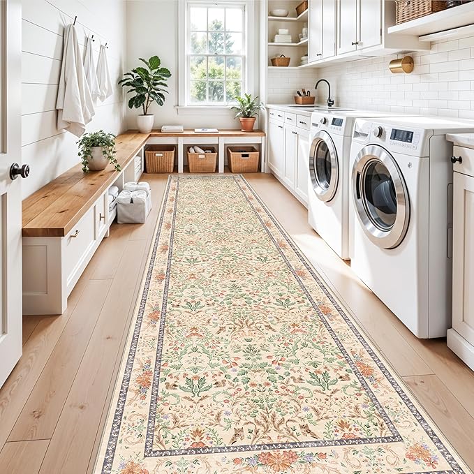 3x15 Ft Long Hallway Runner Rug - Non-Slip Washable Kitchen Runner Rug with Rubber Backing | Botanical Vintage Florals Wide Floor Carpet Runner for Indoor Entryway, Bedroom, Living Room Cream, 3x15