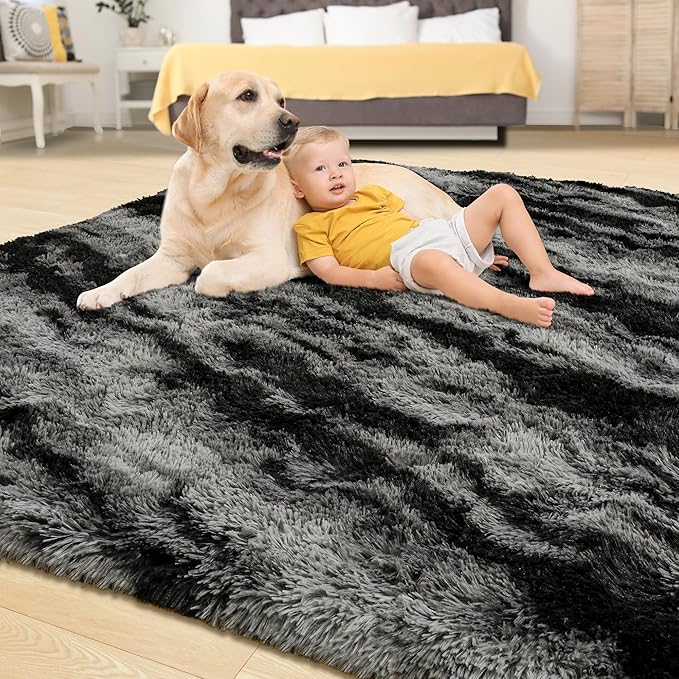 Tepook Fluffy Large Rugs for Living Room, 8x10 Area Rugs for Bedroom, Modern Shag Fuzzy Carpets for Kids Boys Girls, Plush Indoor Nursery Home Decor Rug with Non-Slip Bottom, Black Grey