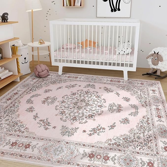 Nakagishi 10x14 Area Rugs Living Room: Washable Boho Large Neutral Modern Soft Farmhouse Rug Stain Resistant Indoor Non-Slip Carpet for Bedroom Girls Nursery Kids Playroom Dorm Preppy Baby Room- Pink