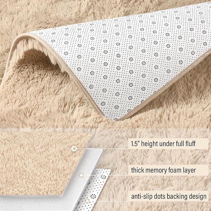 BENRON Fluffy Rugs for Living Room 5x8 Light Tan, Washable Large Area Rugs for Bedroom Dining Table Office Kids Nursery Room, Washable Indoor Floor Carpets