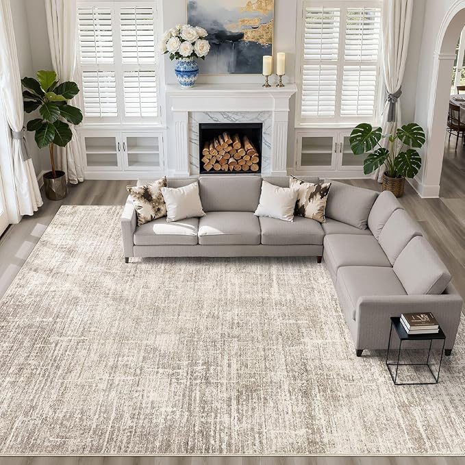 12x18 Rug for Living Room: Washable Large Neutral Brown Area Rug Abstract Soft Modern Stain Resistant Indoor Floor Non-Slip Carpet for Bedroom Nursery Kids Office Playroom Dining Room Under Table Home