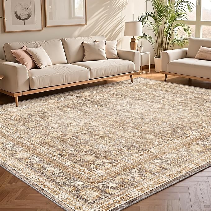 OPPODREAM Vintage Beige Area Rugs 8x10, 8 x 10 Retro Washable Rug Non Slip, Low-Pile Faux Wool Carpet, Distressed Tan Floor Mat for Living Room, Bedroom, Office, Dorm, Dinning Room, Big & Large
