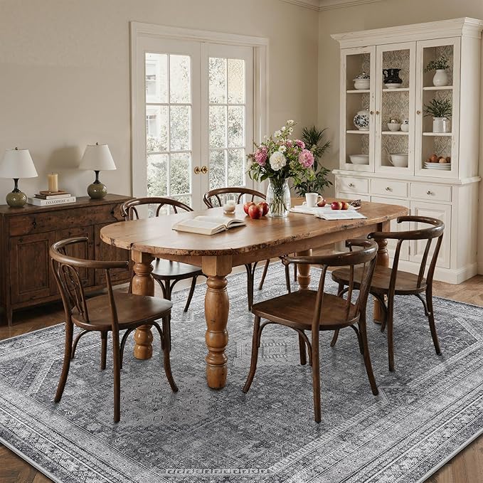 GENIMO 6x9 Area Rugs for Living Room, Machine Washable Non Slip Rugs, Low Pile Lightweight Print Rug for Bedroom, Dining Room, Home Office, Vintage Grey