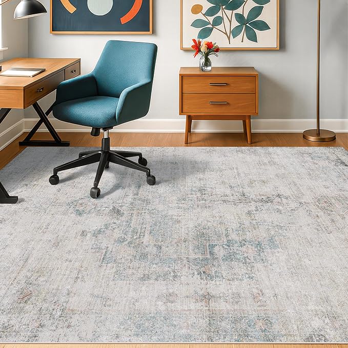 Hazo Haus Light Blue Farmhouse Area Rug for Bedroom - 6x8 Washable Rug for Dining Room Table, Ultra-Thin Soft Textured Dusty Blue Boho Indoor Decor, Fade & Stain Resistant