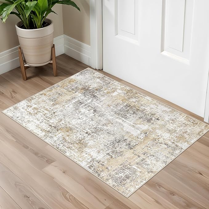 2x3 Washable Non-Slip Area Rug - Soft Low Pile Throw Rug for Kitchen Entryway Bedroom - Modern Indoor Door Mat with Rubber Backing (Gold Grey)