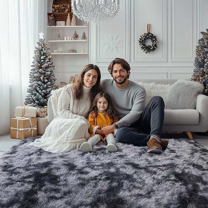 Grey Fluffy 9x12 Large Area Rugs for Bedroom Living Room,Tie-Dye Dark Gray Soft Washable Shag Carpet for Kids Room, Nursery, Dorm Decor, Colorful Cute Plush Fuzzy Rugs for Baby Toddler