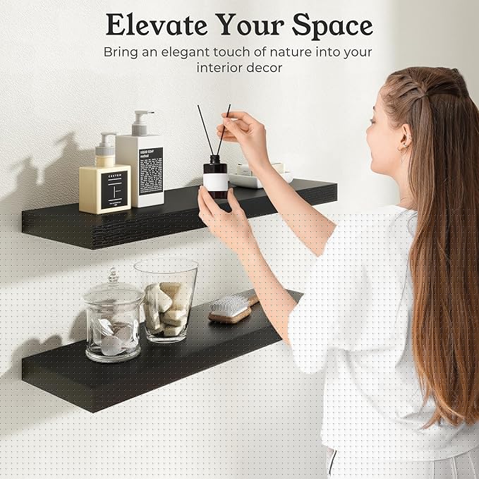 Floating Shelves for Wall, 9.3" Deep Wall Mounted Wood Shelves for Bathroom, Bedroom (Black, 55)