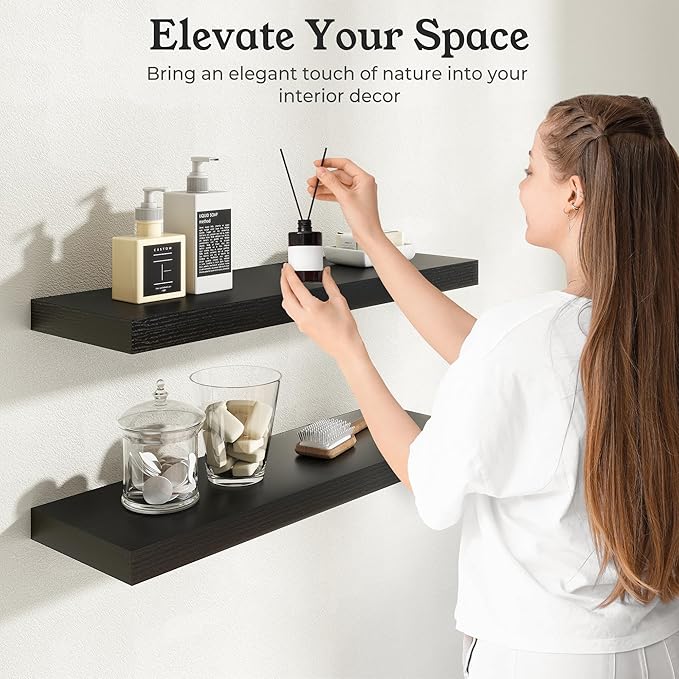 Floating Shelves for Wall, 9.3" Deep Wall Mounted Wood Shelves for Bathroom, Bedroom, Living Room, Kitchen, Hanging Shelf for Books/Storage/Room Decor (Black, 36")