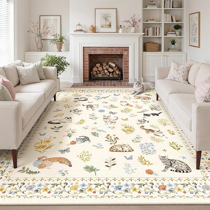 Soalmost Cat 9x12 Area Rugs for Living Room, Machine Washable Animal Floral Vintage Rug Non-Slip Low Pile Soft Throw Large Rugs for Bedroom Dining Room Kitchen Nursery Playroom (9 x 12,Beige)