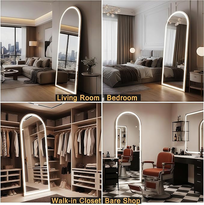 Full Length Mirror with LED Lights 65"x24"Arched Full Body Mirror with Stand Aluminum Alloy Frame, Floor Mirror with Dimming & 3 Color Lighting for Bedroom Dressing Room Tempered Glass Silver