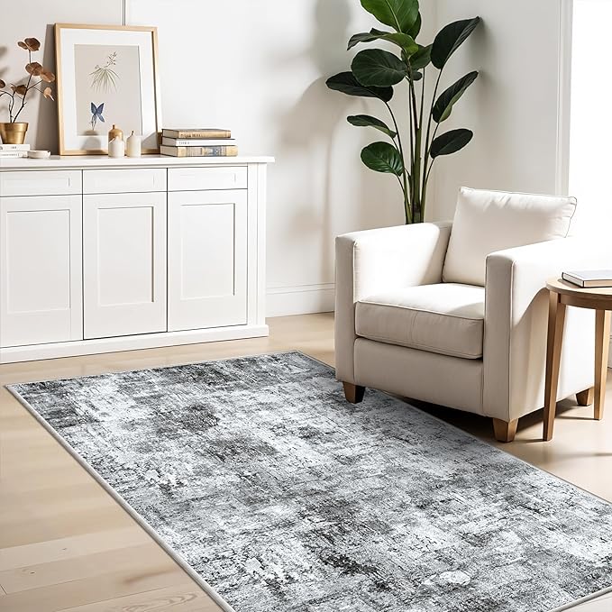 3x6 Washable Wide Runner Rug – Non-Slip Floor Carpet Runner for Kitchen Entryway Hallway Bathroom, Modern Abstract Low Pile Thin Area Rug (Grey)
