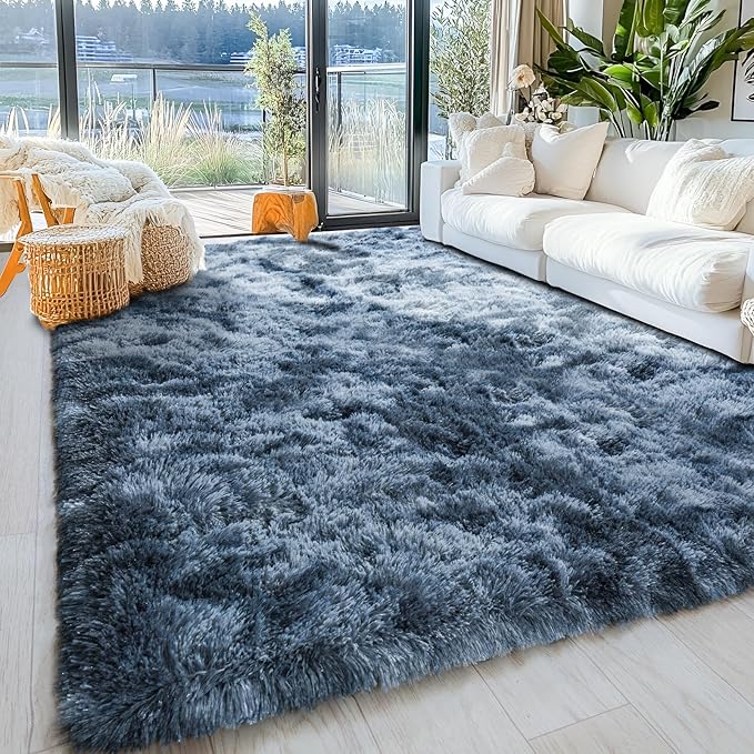 8x10 Area Rugs for Living Room, Ultra Soft Fluffy Large Shaggy Rug Carpet for Bedroom, Non-Slip Fuzzy Plush Rugs for Nursery Boys Girls Kids Room Modern Indoor Home Decor, Tie-Dyed Blue Grey