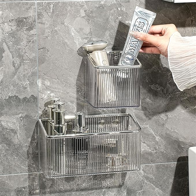 Floating Shelves Wall Bin Organizer Adhesive Wall Mounted Plastic Storage Organizer No Drilling Hanging Storage Containers Makeup Organizer Shelf for Office, Kitchen, Home