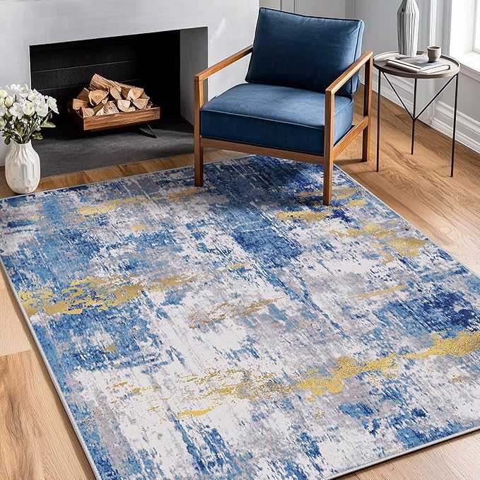 RELEANY Washable Area Rugs 4'x5' Non-Slip Modern Abstract Soft for Living Room Entryway Bedroom Nursery, Print Pattern, Grey Blue Gold/Golden