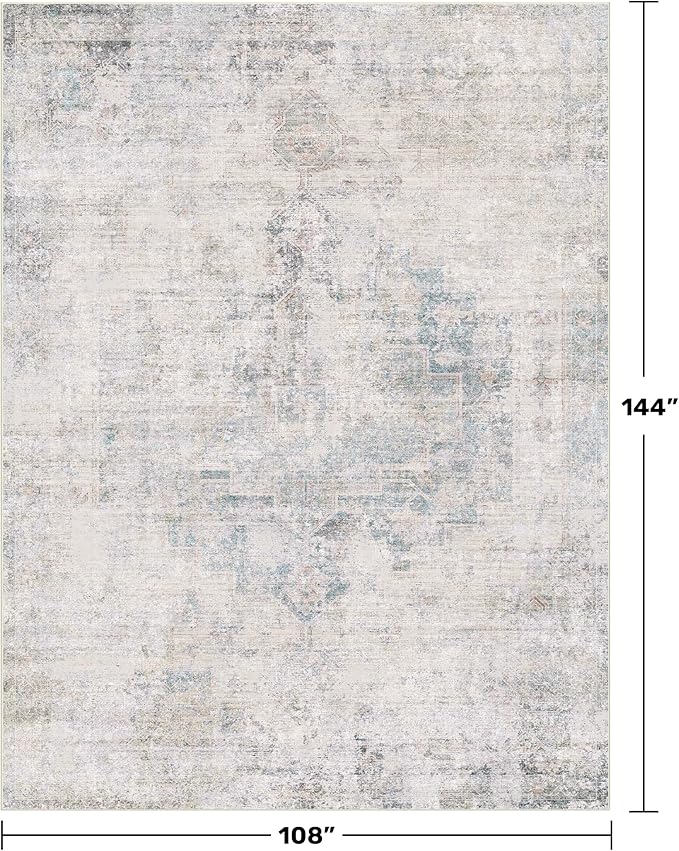 9x12 Washable Area Rug for Living Room, Large Light Blue Vintage Medallion Rug, Non Slip Low Pile Stain Resistant Carpet for Bedroom Dining Room, Soft Distressed Neutral Home Decor