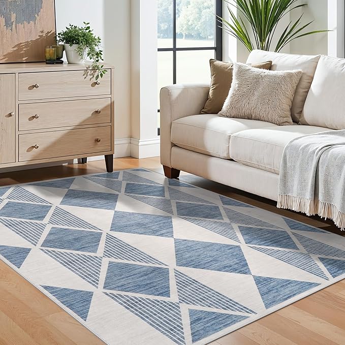 4x5 Washable Entryway Office Rug: Mid Century Modern Area Rugs Geometric Non Slip Soft Low Pile Indoor Carpet for Living Room Bedroom Kitchen Bathroom Entrance (Blue White, 4X5)