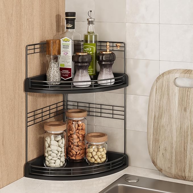 2-Tier Bathroom Countertop Corner Organizer for Small Spaces Counter Shelf for Sink & Vanity, Compact Vertical Storage for Toiletries (Black)