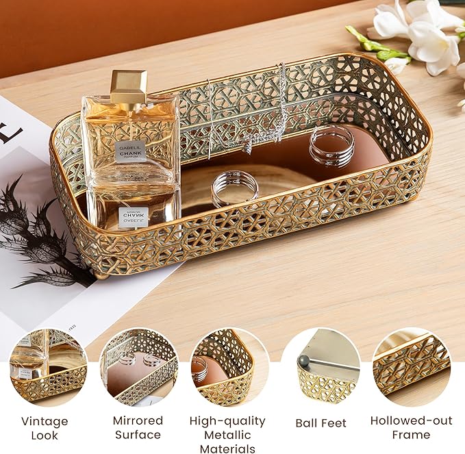Glitzhome Set of 2 Oversized Gold Mirror Decorative Trays, Rectangular Metal Vanity Jewelry Perfume Tray Dresser Tray, Elegant Hollow-Carved Jewelry Organizer Makeup Trays
