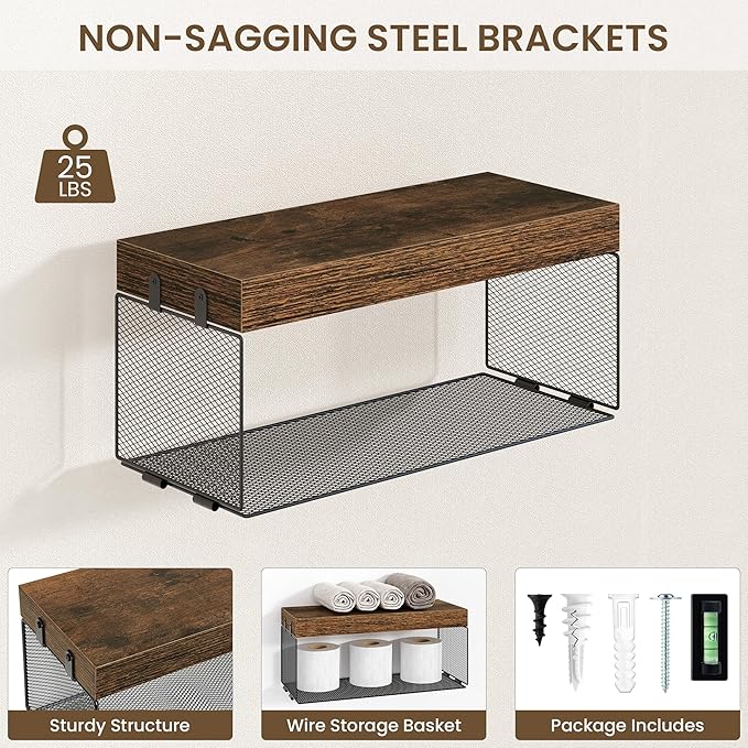Acovy Bathroom Floating Shelves for Wall,16 inch Wall Mounted Floating Shelf Toilet Organizer and Storage,Small Farmhouse Decor Shelf,Rustic Brown,Set of 3