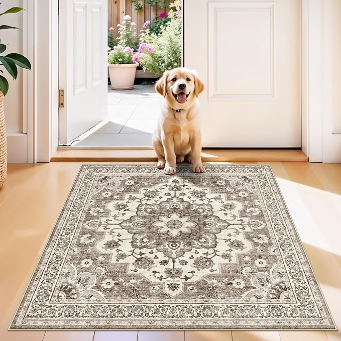 TOPRUUG Beige Washable Entry Rug - 3x3 Area Rugs for Kitchen Bedroom Bedside Bathroom Entryway Non Slip with Rubber Backing Low Pile Ultra Soft Stain Resistant Small Carpet (Beige, 3x3)
